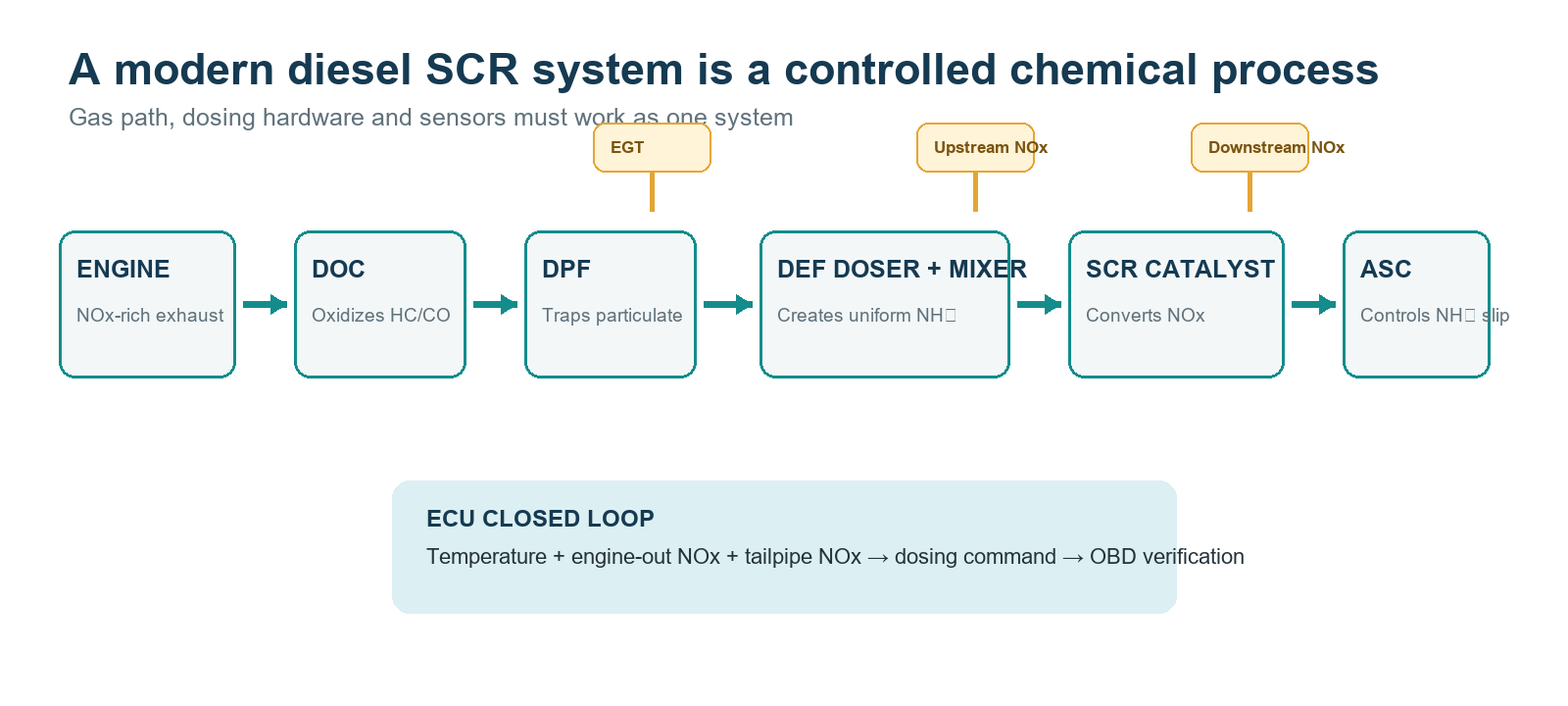 Diesel aftertreatment system layout showing engine, DOC, DPF, DEF injector and mixer, SCR catalyst, ASC and exhaust sensors